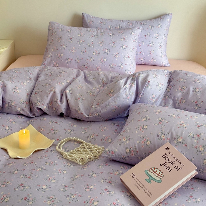 91家纺网 家纺一手货源 找家纺 塞纳 2026新款.全棉有氧双层纱四件套-场景一 汀花里-紫