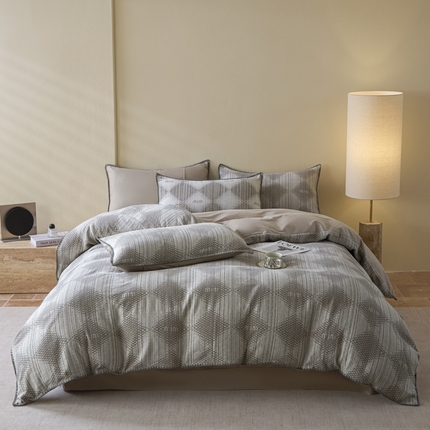 2025新款亲肤全棉三层纱提花四件套 菱格-月灰