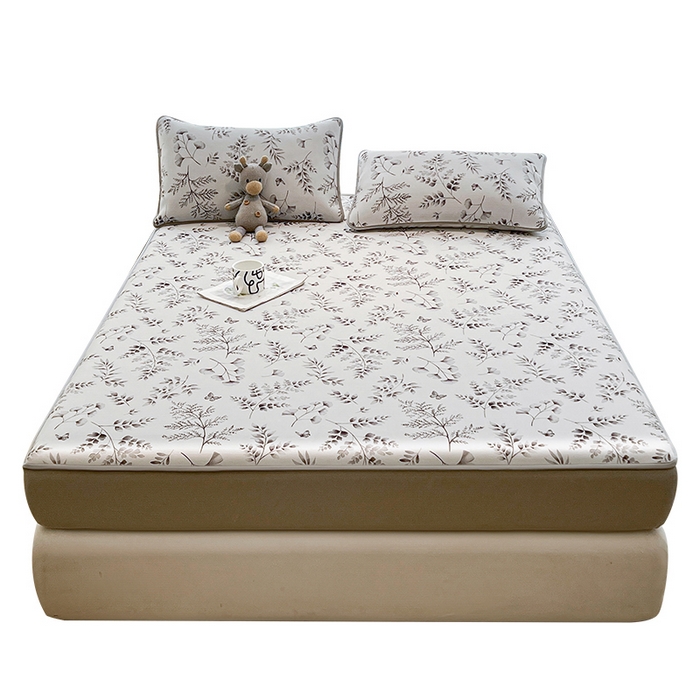 91家纺网 家纺一手货源 找家纺 2025春夏新款独家研发太空层凉感软席冰丝印花凉席床笠款 水墨叶