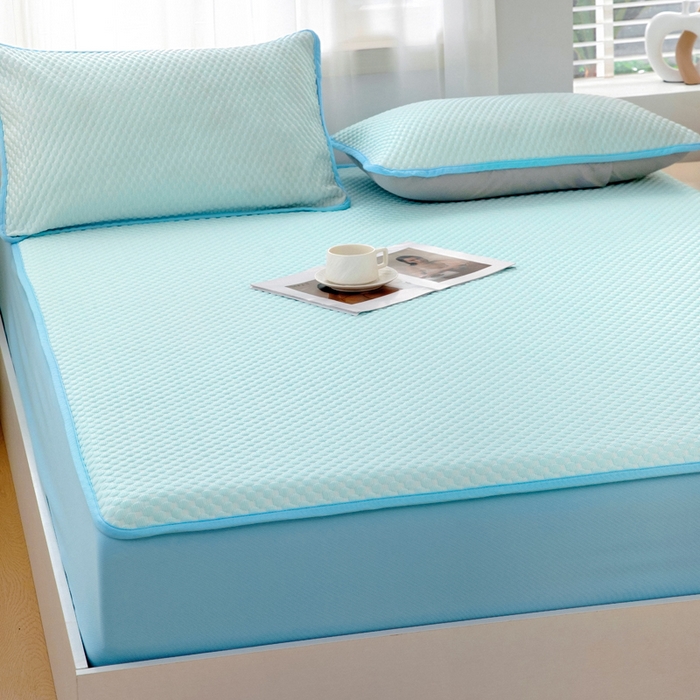 91家纺网 家纺一手货源 找家纺 绒宴家纺 2025新款提花凉席凉豆豆冰豆豆凉席三件套 简约-淡蓝床笠款