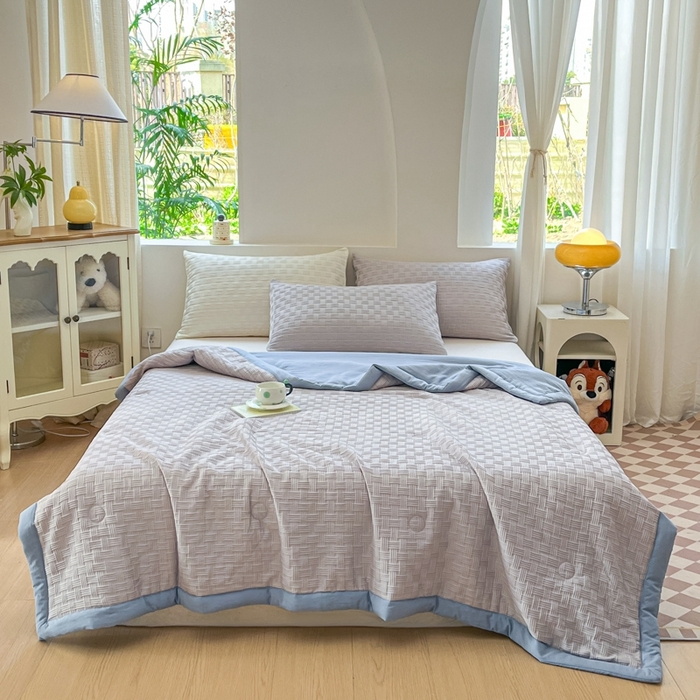 91家纺网 家纺一手货源 找家纺 欧邦 2025新款华夫格水洗棉夏被 灰＋蓝