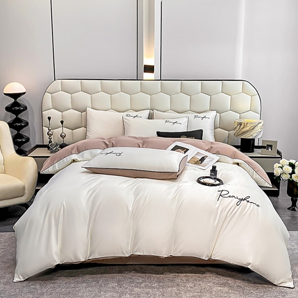 91家纺网 家纺一手货源 找家纺 富宁2025新款水洗真丝时光字母冰丝刺绣四件套 高级灰