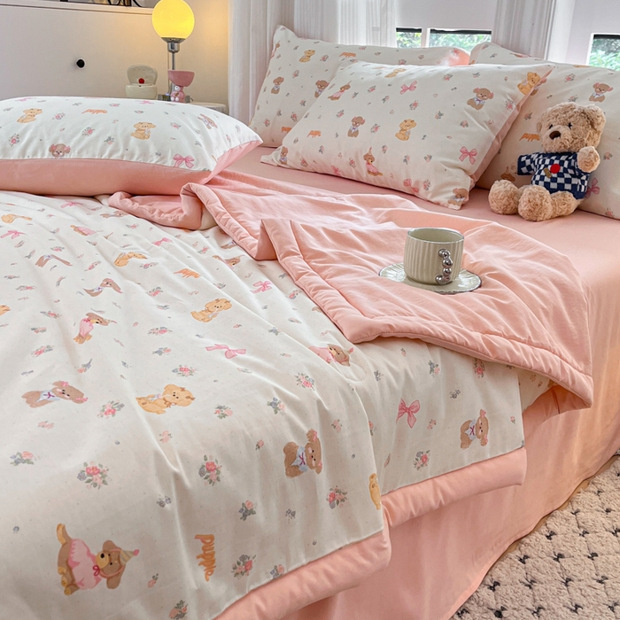 91家纺网 家纺一手货源 找家纺 一加一 2025新款A棉B水洗棉大豆夏被四件套 酷卡小狗