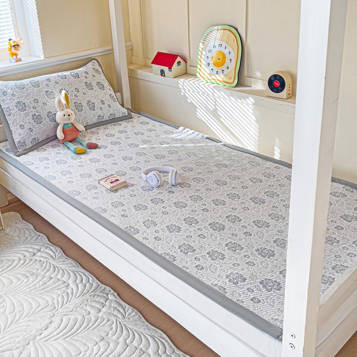 91家纺网 家纺一手货源 找家纺 富馨莱 2025新款A类480克PE凉感凉豆豆凉席三件套和单件学生款 玫瑰花园-灰