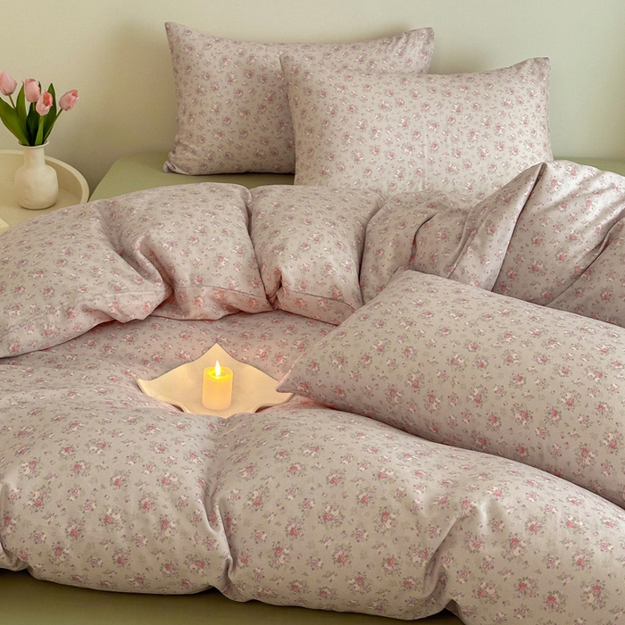 91家纺网 家纺一手货源 找家纺 塞纳 2026新款.全棉有氧双层纱四件套-场景一 醉花颜-浅咖