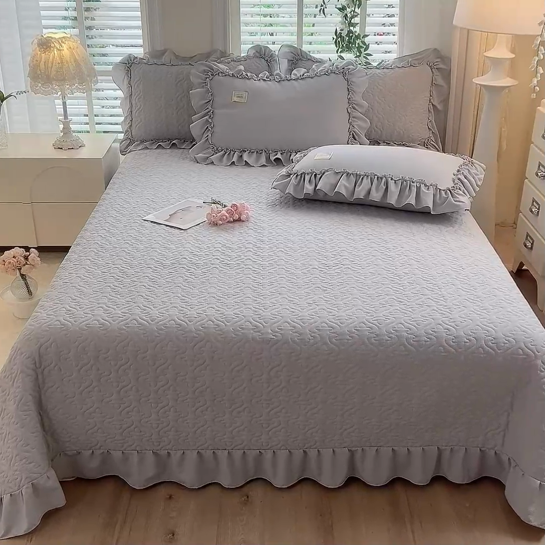 91家纺网 家纺一手货源 找家纺 花香四季家纺 2025新款泡芙小姐双层纱华夫格柔棉夹棉绗缝床盖床垫子单件三件套 泡芙小姐-灰