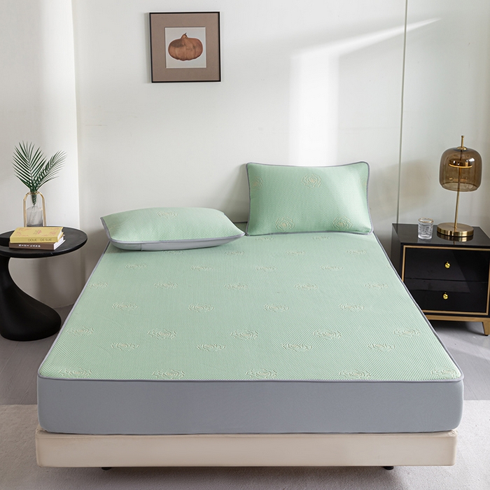 91家纺网 家纺一手货源 找家纺 2025新款山茶花系列冰豆豆凉席 山茶花床笠款-绿