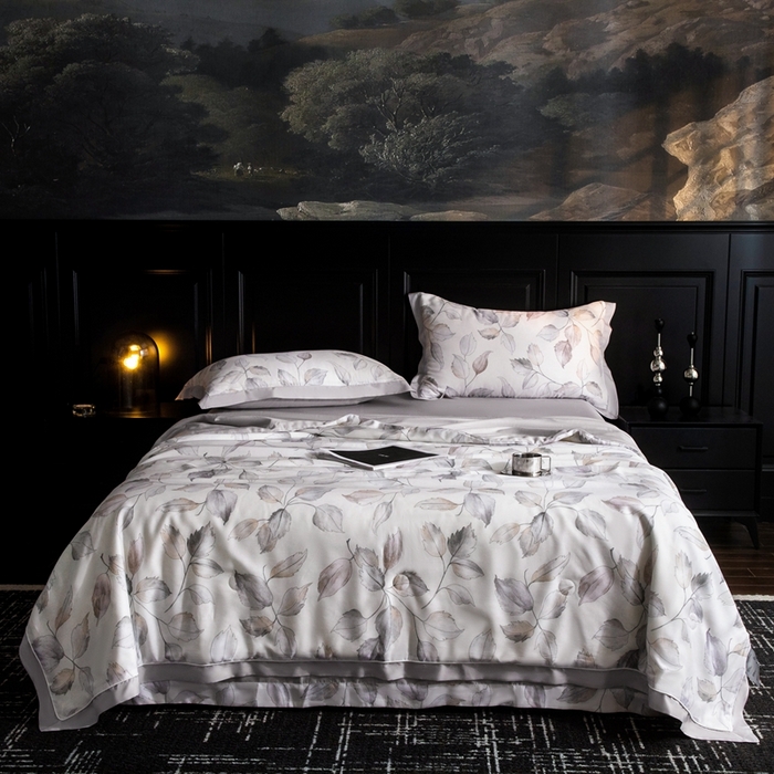 91家纺网 家纺一手货源 找家纺 佳居缘 2025新款天丝数码印花夏被四件套 缤纷舞叶