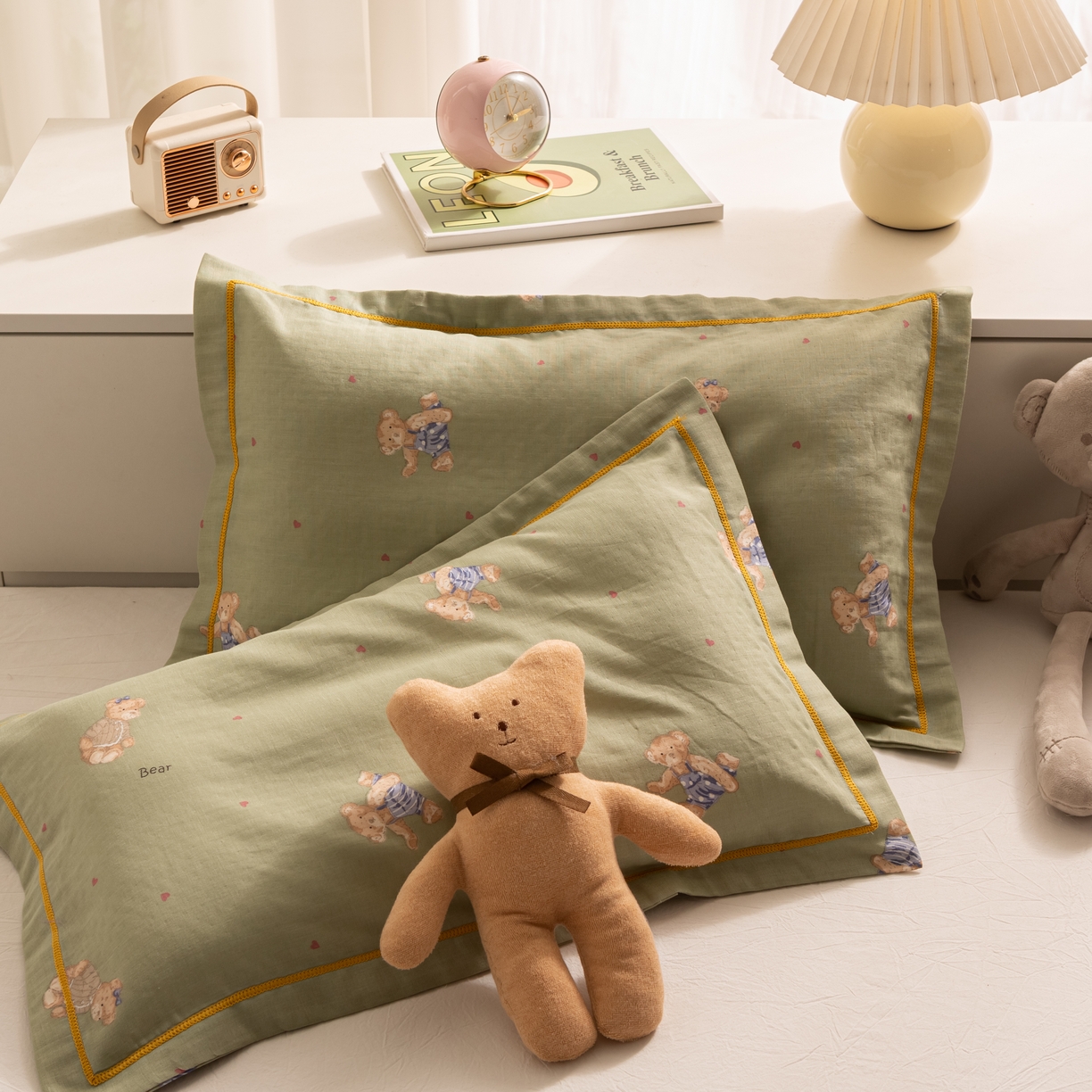 91家纺网 家纺一手货源 找家纺 萌番宝 2025新款A类全棉纯棉水洗双层纱卡通儿童单枕套信封枕单枕套 枕套单件 星星小熊