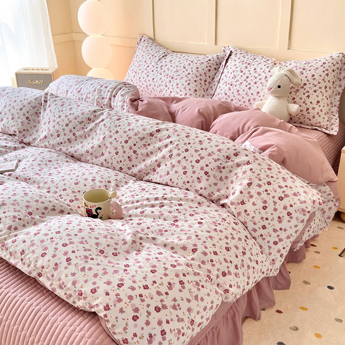 91家纺网 家纺一手货源 找家纺 人人爱 2025新款有氧针织棉双层纱床盖款四件套 花语粉