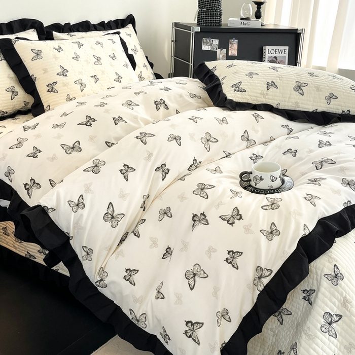 91家纺网 家纺一手货源 找家纺 （总）亿品家纺 2025新款亲肤舒适黑花边床盖四件套