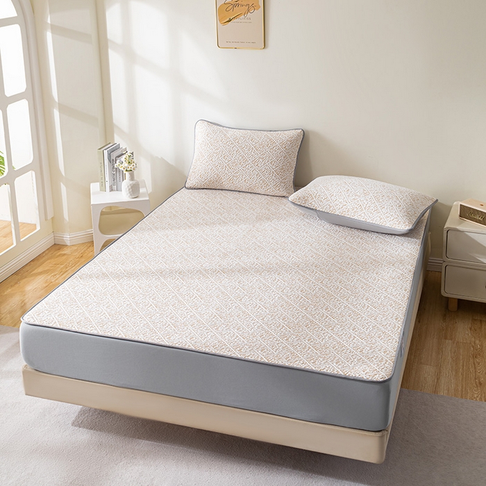 91家纺网 家纺一手货源 找家纺 鑫姿席业 2025新款A类凉感冰豆豆席 雅致床笠款-冰咖