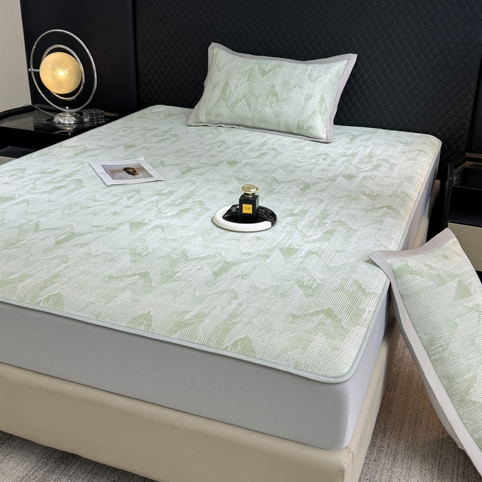 91家纺网 家纺一手货源 找家纺 小萌虎 小萌虎 2025新款PE高分子乙纶提花凉感凉席床席款床笠款 山溪-绿（床笠款）