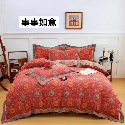 91家纺网 家纺一手货源 找家纺 （总）双层纱家居 2023新款红色镂空款双层纱四件套