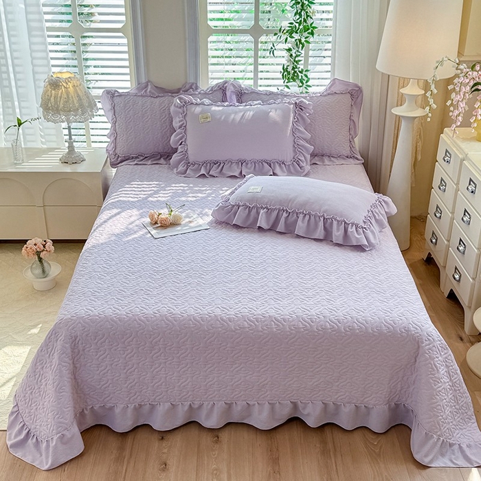 91家纺网 家纺一手货源 找家纺 花香四季家纺 2025新款泡芙小姐双层纱华夫格柔棉夹棉绗缝床盖床垫子单件三件套 泡芙小姐-紫