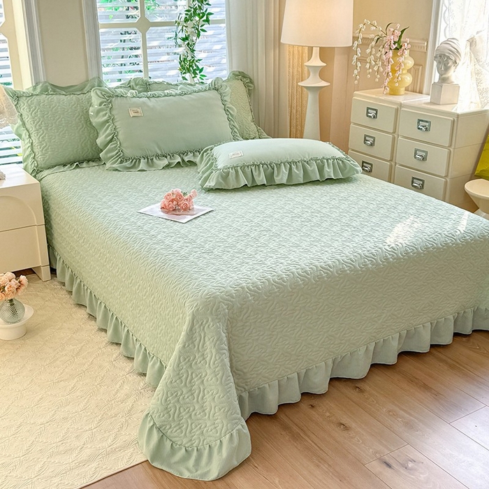 91家纺网 家纺一手货源 找家纺 花香四季家纺 2025新款泡芙小姐双层纱华夫格柔棉夹棉绗缝床盖床垫子单件三件套 泡芙小姐-绿