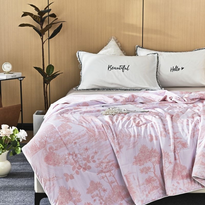 91家纺网 家纺一手货源 找家纺 佳居缘 2025新款A类冰氨双面数码印花凉感夏被 繁花-粉
