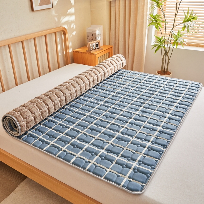 91家纺网 家纺一手货源 找家纺 迪乐妮 2025新款双面可用抑菌冰丝床褥爬爬垫-大床图 蓝小格