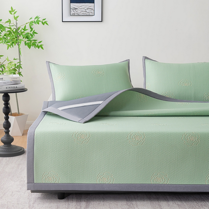 91家纺网 家纺一手货源 找家纺 2025新款山茶花系列冰豆豆凉席 山茶花床席款-绿