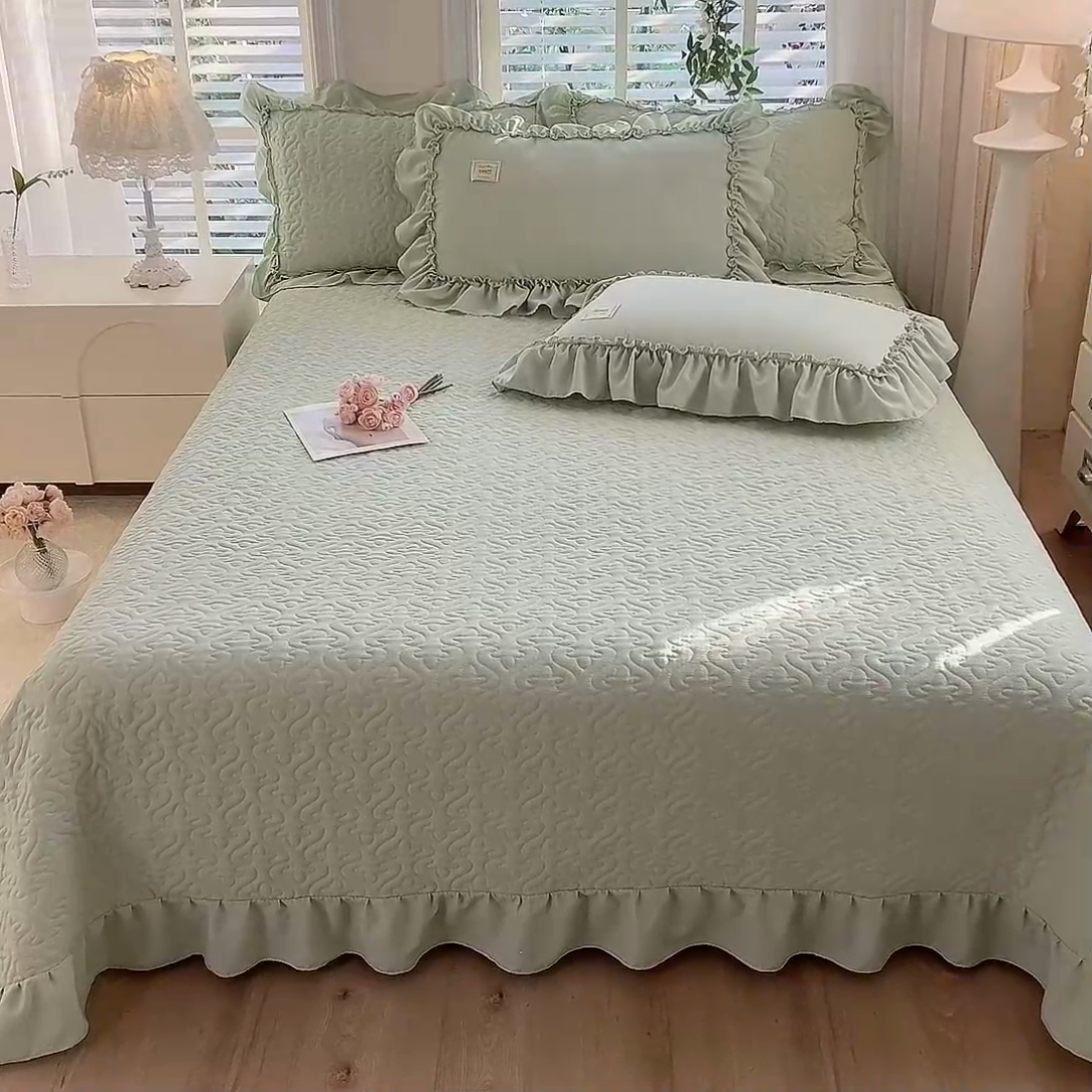 91家纺网 家纺一手货源 找家纺 花香四季家纺 2025新款泡芙小姐双层纱华夫格柔棉夹棉绗缝床盖床垫子单件三件套 泡芙小姐-绿