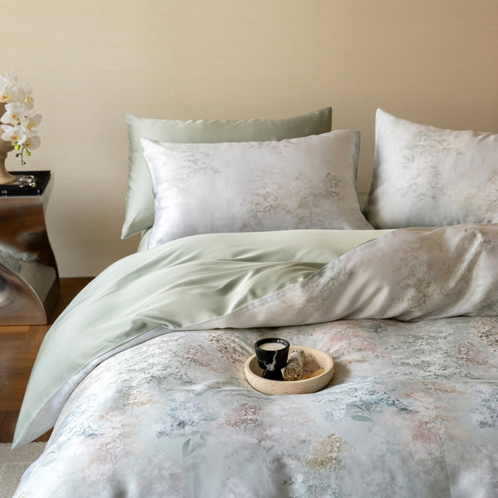 91家纺网 家纺一手货源 找家纺 沐晴家纺 2025春夏新款纯色数码印花60兰精天丝四件套 栖舟-绿