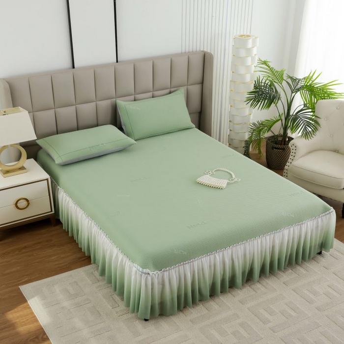 91家纺网 家纺一手货源 找家纺 新月家纺（锦威郎） 2025新款凉豆豆亲肤英文床裙 绿色