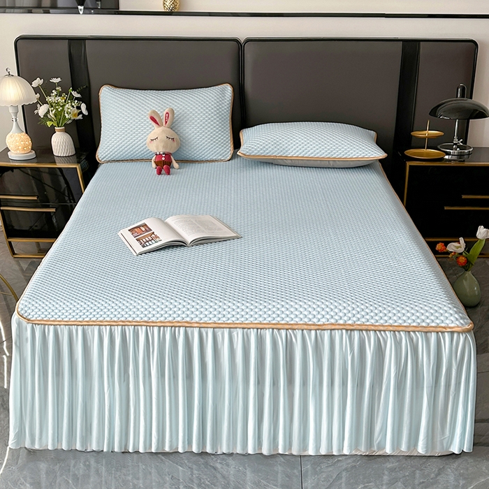 91家纺网 家纺一手货源 找家纺 爱洛家纺 2025新款凉感丝豆豆四件套床裙席 浅天蓝~豆豆