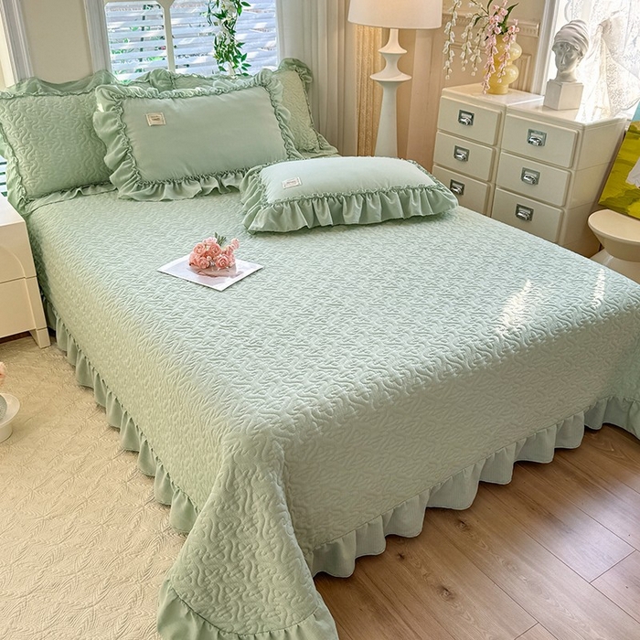 91家纺网 家纺一手货源 找家纺 花香四季家纺 2025新款泡芙小姐双层纱华夫格柔棉夹棉绗缝床盖床垫子单件三件套 泡芙小姐-绿