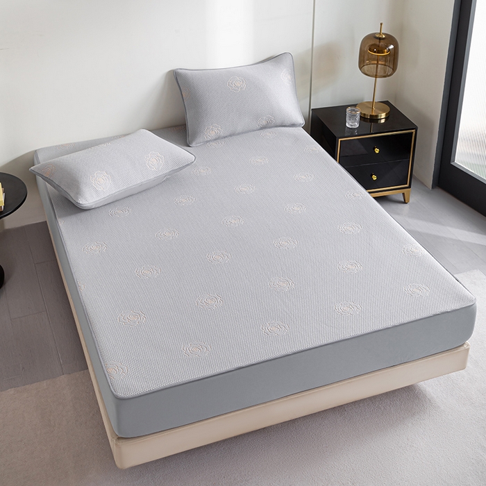 91家纺网 家纺一手货源 找家纺 2025新款山茶花系列冰豆豆凉席 山茶花床笠款-浅灰