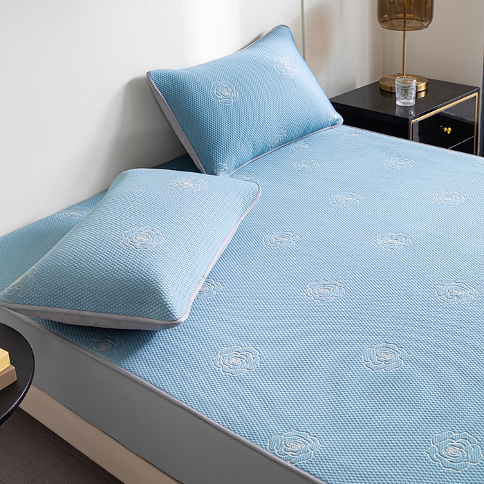 91家纺网 家纺一手货源 找家纺 2025新款山茶花系列冰豆豆凉席 山茶花床笠款-蓝