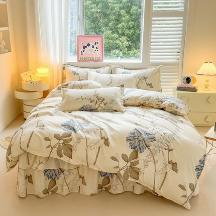 91家纺网 家纺一手货源 找家纺 （总）爱一个家 2023新款芦荟棉双边时尚床裙四件套