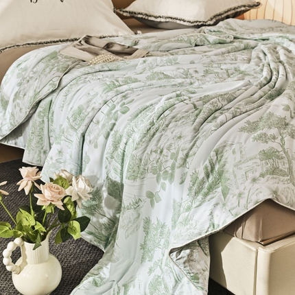 91家纺网 家纺一手货源 找家纺 佳居缘 2025新款A类冰氨双面数码印花凉感夏被 繁花-绿