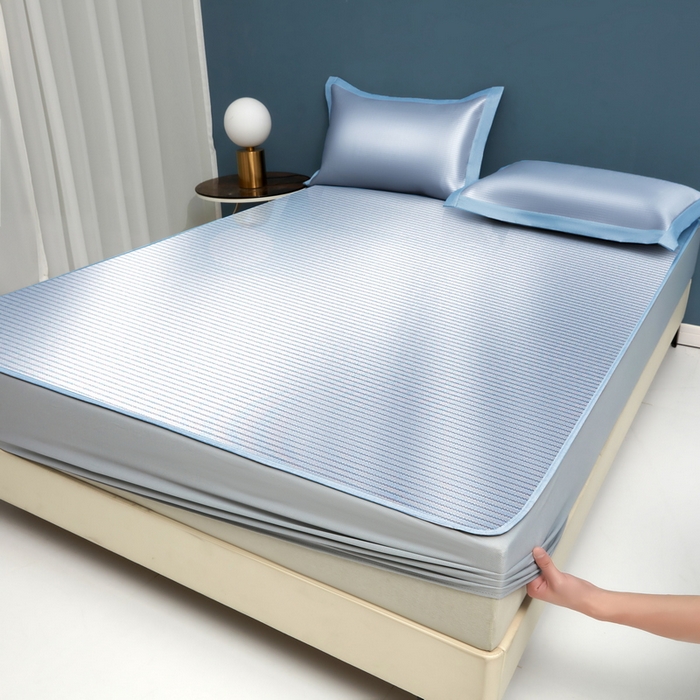 91家纺网 家纺一手货源 找家纺 迪乐妮 2025新款母婴级抗菌床笠款冰丝席 蓝 床笠款