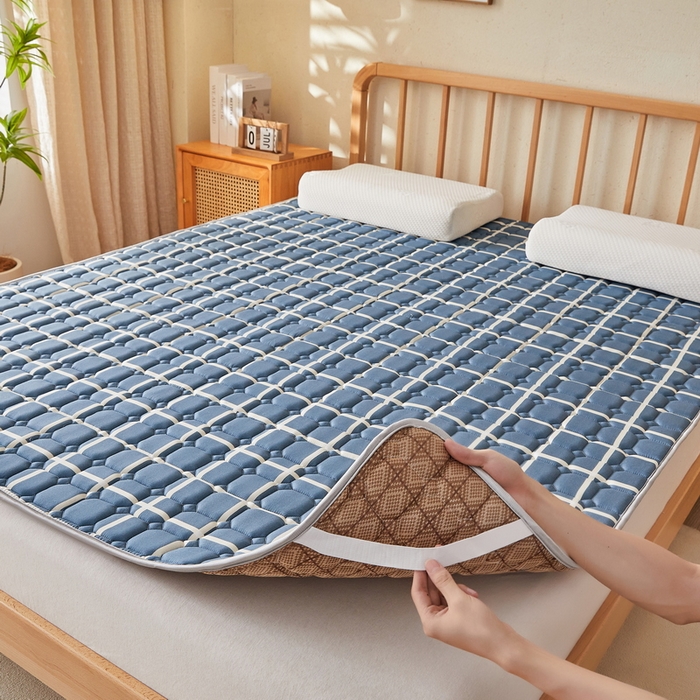 91家纺网 家纺一手货源 找家纺 迪乐妮 2025新款双面可用抑菌冰丝床褥爬爬垫-大床图 蓝小格