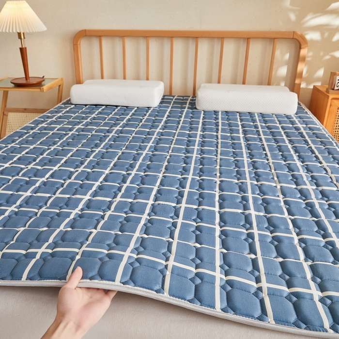 91家纺网 家纺一手货源 找家纺 迪乐妮 2025新款双面可用抑菌冰丝床褥爬爬垫-大床图 蓝小格