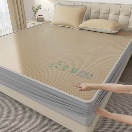 福来临家纺 2025新款艾草驱蚊席三明治款-床席款-床笠款 咖床笠款