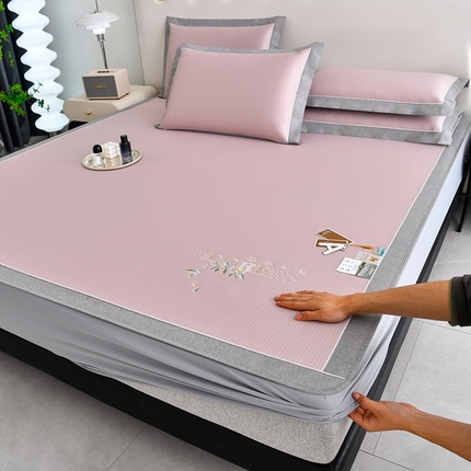 小牛席业 2025新款花漾芯语绣花凉感冰丝席系列（床笠款） 粉色