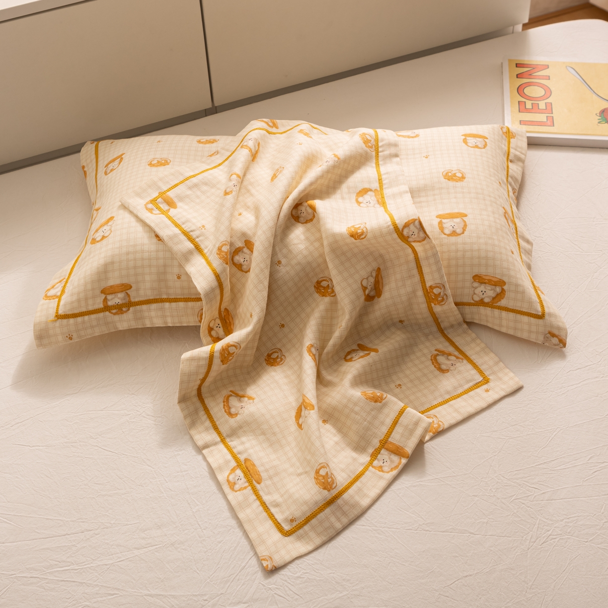 91家纺网 家纺一手货源 找家纺 萌番宝 2025新款A类全棉纯棉水洗双层纱卡通儿童单枕套信封枕单枕套 枕套单件 夹心小熊