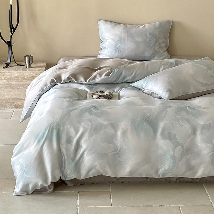 91家纺网 家纺一手货源 找家纺 沐晴家纺 2025春夏新款纯色数码印花60兰精天丝四件套 莫斯-蓝