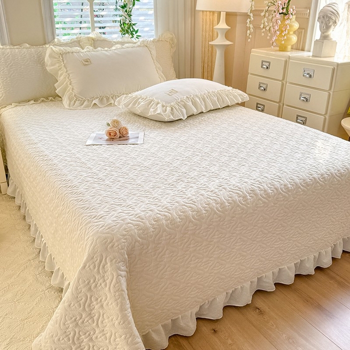 91家纺网 家纺一手货源 找家纺 花香四季家纺 2025新款泡芙小姐双层纱华夫格柔棉夹棉绗缝床盖床垫子单件三件套 泡芙小姐-奶油黄