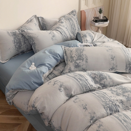 昊川家纺 2025新款全棉双层纱水洗色织大提花四件套 牛仔蓝