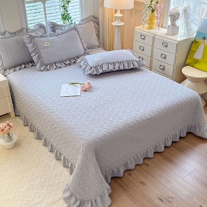 91家纺网 家纺一手货源 找家纺 花香四季家纺 2025新款泡芙小姐双层纱华夫格柔棉夹棉绗缝床盖床垫子单件三件套 泡芙小姐-灰