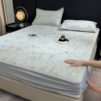 999家纺 2025新款高端轻奢PE中分子凉感大提花凉席软席 山溪-绿（床笠款）