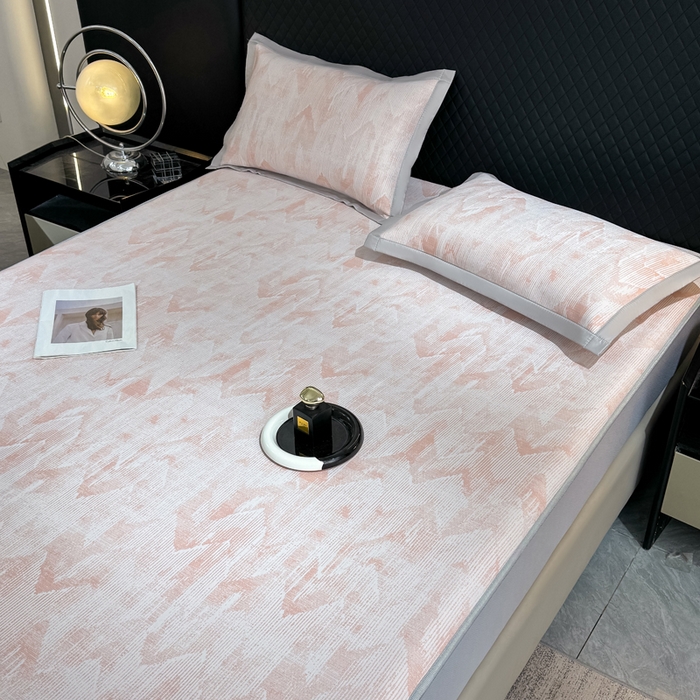 91家纺网 家纺一手货源 找家纺 小萌虎 小萌虎 2025新款PE高分子乙纶提花凉感凉席床席款床笠款 山溪-粉（床笠款）