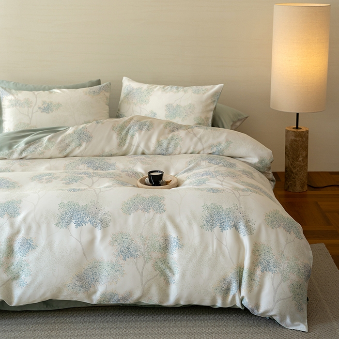 91家纺网 家纺一手货源 找家纺 沐晴家纺 2025春夏新款纯色数码印花60兰精天丝四件套 如愿-绿