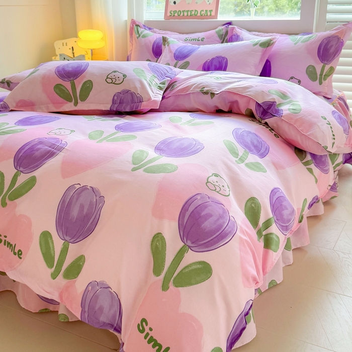 91家纺网 家纺一手货源 找家纺 爱一个家 2023新款芦荟棉双边时尚床裙四件套 郁金香