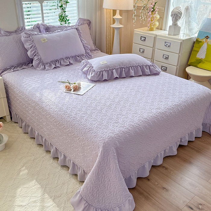 91家纺网 家纺一手货源 找家纺 花香四季家纺 2025新款泡芙小姐双层纱华夫格柔棉夹棉绗缝床盖床垫子单件三件套 泡芙小姐-紫