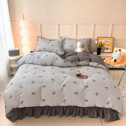人人爱 2025新款有氧针织棉双层纱床盖款四件套 格子蝴蝶结