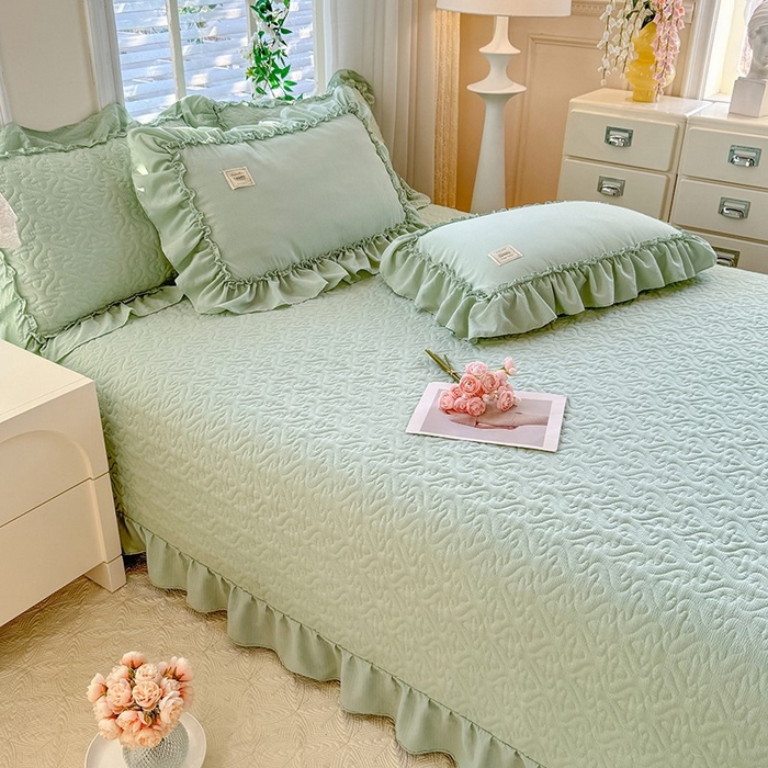 91家纺网 家纺一手货源 找家纺 花香四季家纺 2025新款泡芙小姐双层纱华夫格柔棉夹棉绗缝床盖床垫子单件三件套 泡芙小姐-绿