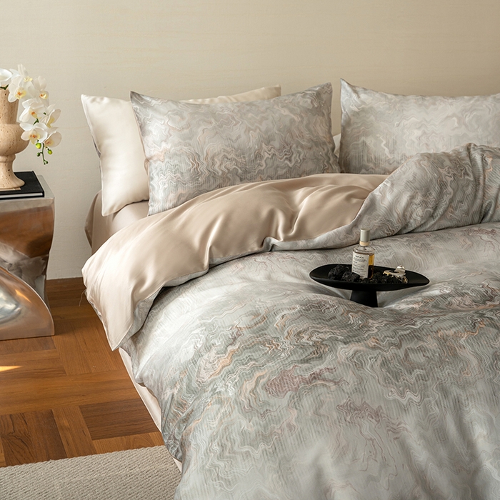 91家纺网 家纺一手货源 找家纺 沐晴家纺 2025春夏新款纯色数码印花60兰精天丝四件套 望川-灰